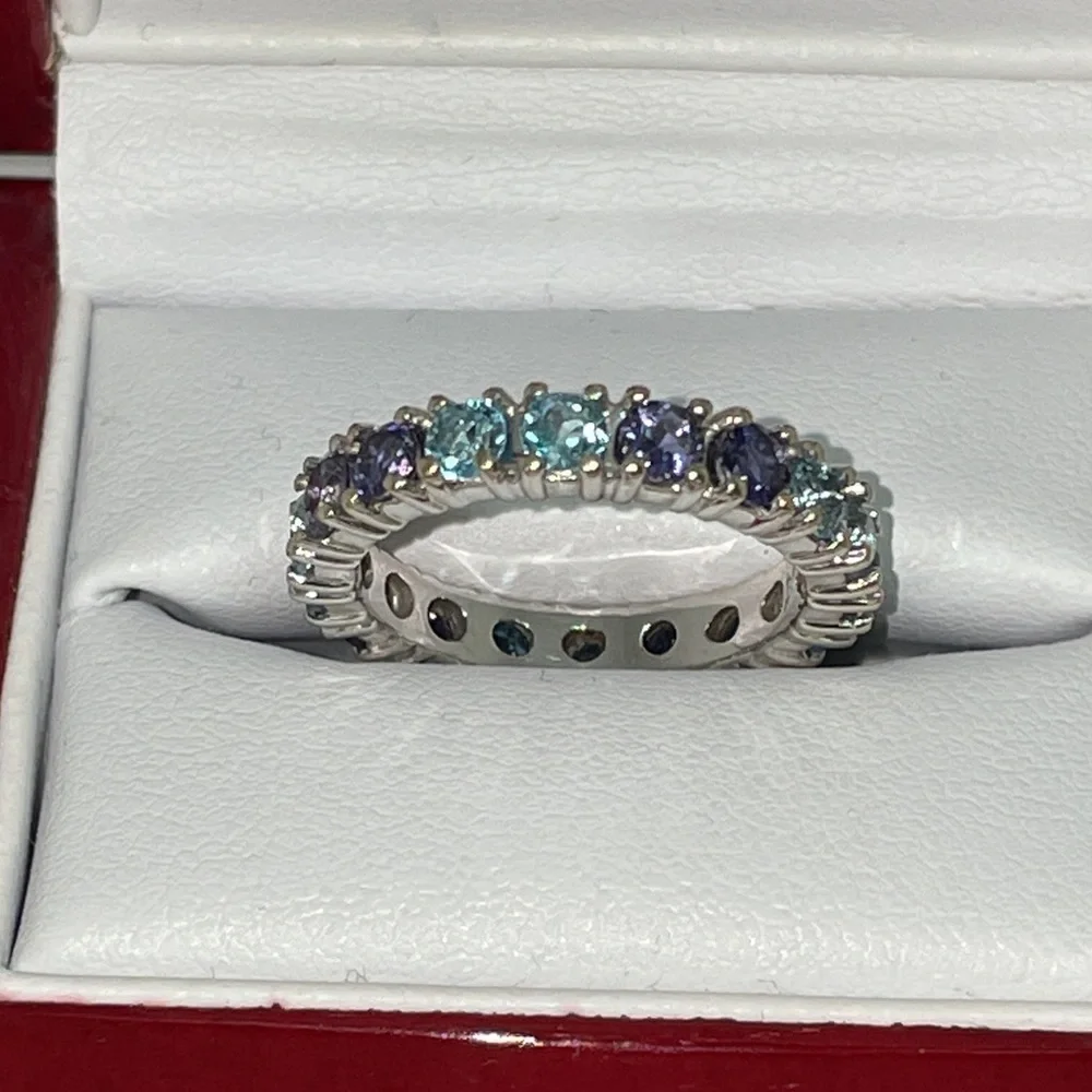Solid 18K White Gold Eternity Band Ring (not 14K) Purple Blue Natural Gemstones